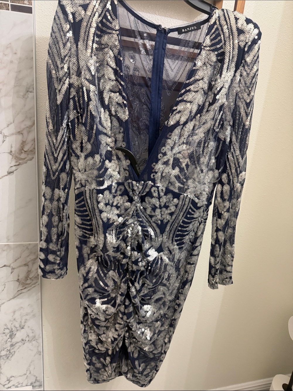 Banjul Navy and Silver Sequin Long-Sleeve V-Neck Dress